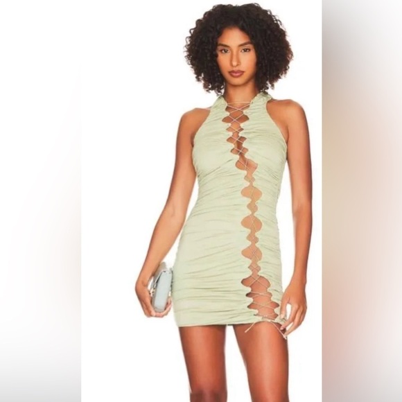 Revolve h:ours Green Cut Out Ruched Mini Dress XS‎ Bodycon Navaeh Sage NEW - Picture 1 of 8